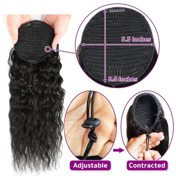 Human Hair Drawstring Ponytail Water Wave 14 Inch Natural Black Extensions main image 3